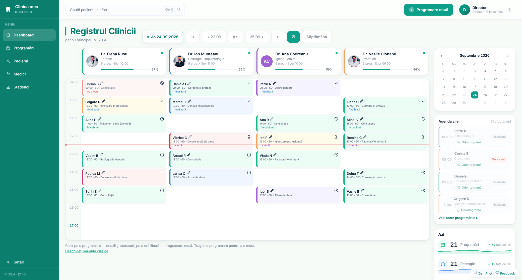 DentPilot — panoul principal cu agenda zilei